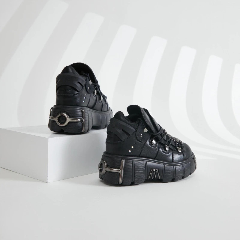 2024 Black Metal Decoration Punk Women Lace-Up Thick Bottom Round Toe Ladies Shoes Street Motorcycle Style Tenis De Mujer 240614