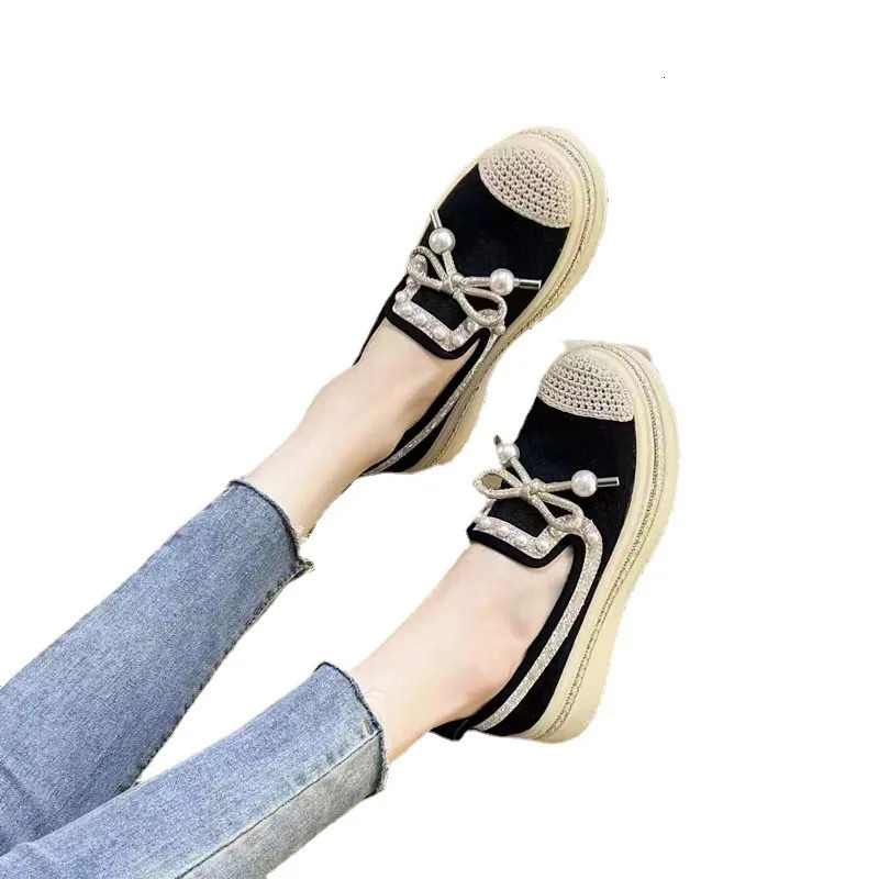 Small perfume Style Fishermans Shoes Womens 2024 Mesh Rhinestone Bow Pearl Casual Shoes 240614