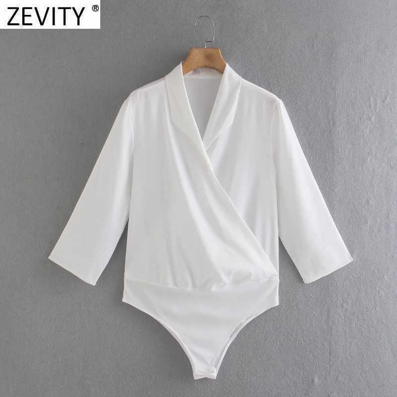 Zevity Women Vintage Cross V neck Soft Satin Bodysuits Office Ladies Office Wear Patchwork Siamese Chic Slim Rompers DS8211 210603