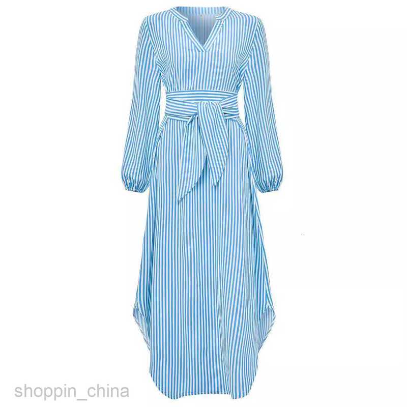 Basic Casual Women Dresses Autumn/Winter New Women's Casual V-neck Stripe Tie Waist Tie Shirt Dress