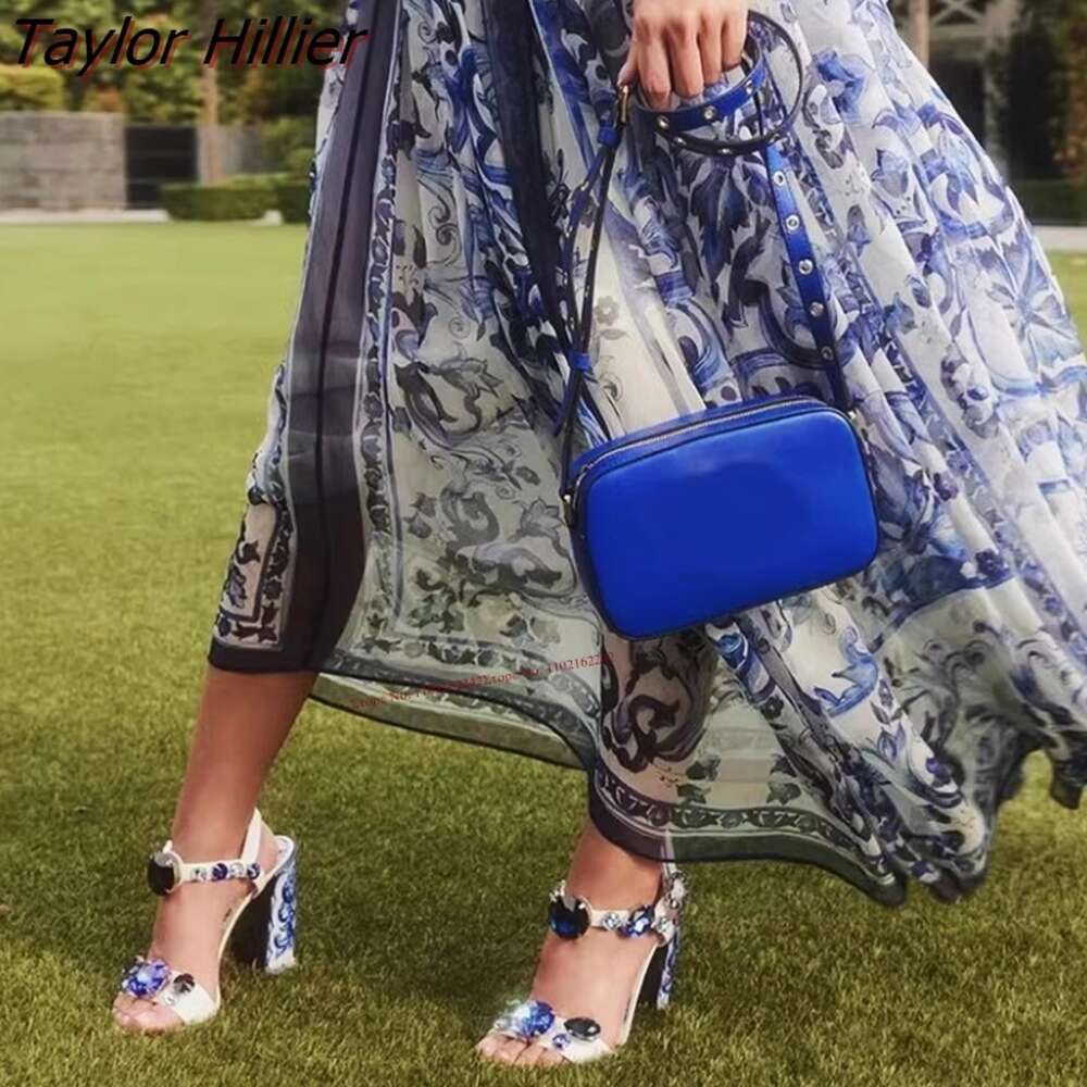 heels sandals Summer New designer shoes Bohemia Rhinestone Thick Heel Sandals Fashion Open Toe Print Gemstone Buckle Strap Dress High Heels Ladies 6Cm