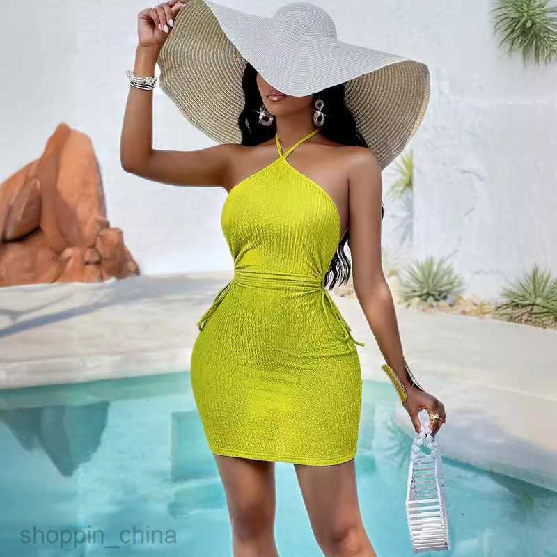 Basic Casual Women Dresses summer I independently filmed new women's dress for US station featuring solid color neckline waistband and hip wrap d