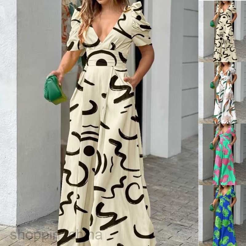 Women's Tracksuits Women's clothing spring/summer new wide leg long pants V-neck short sleeved fashion jumpsuit for women Sets