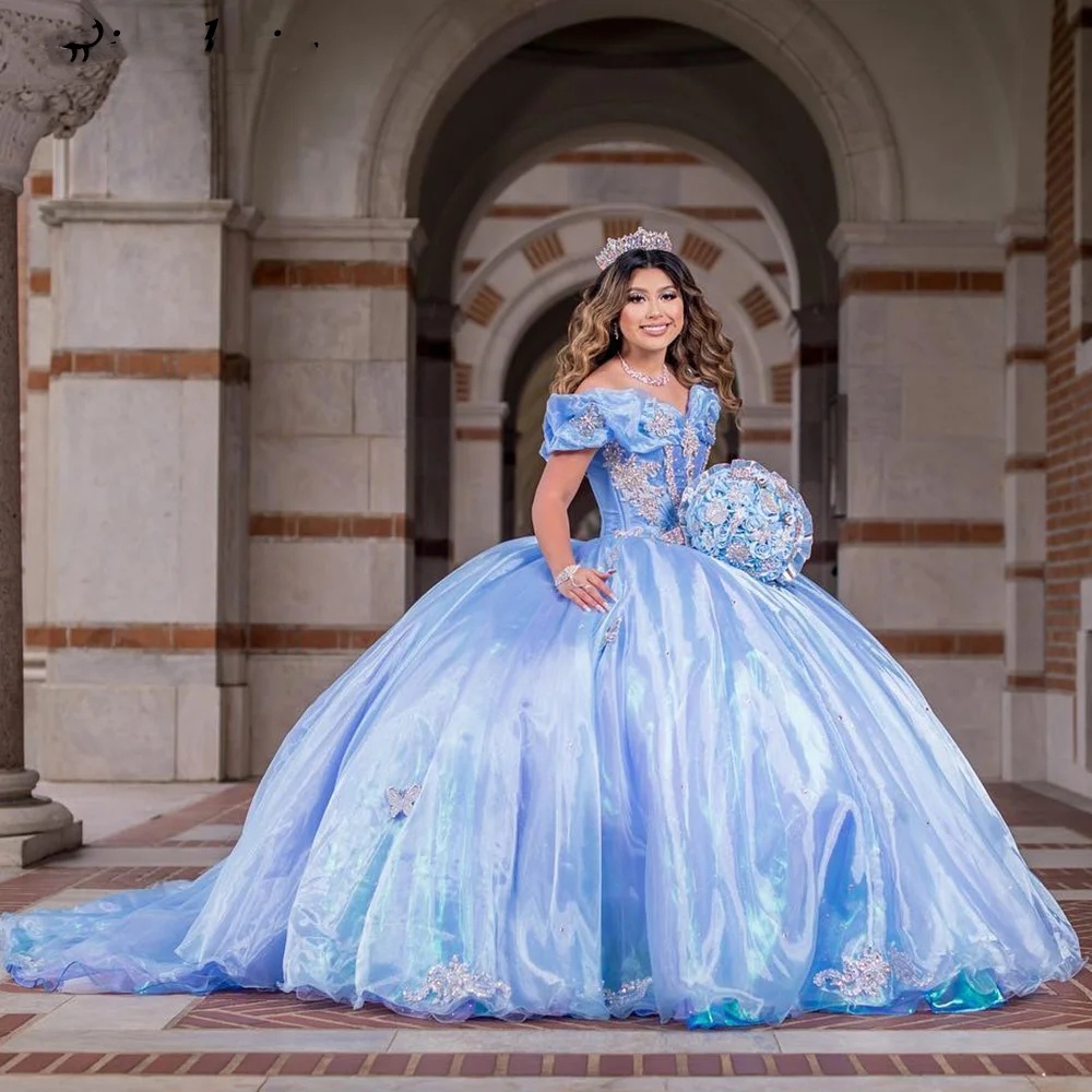 Light Blue Quinceanera Dress, Off-Shoulder Organza Ball Gown With Lace Corset And Appliques, 2024 Vestidos De 15 Anos