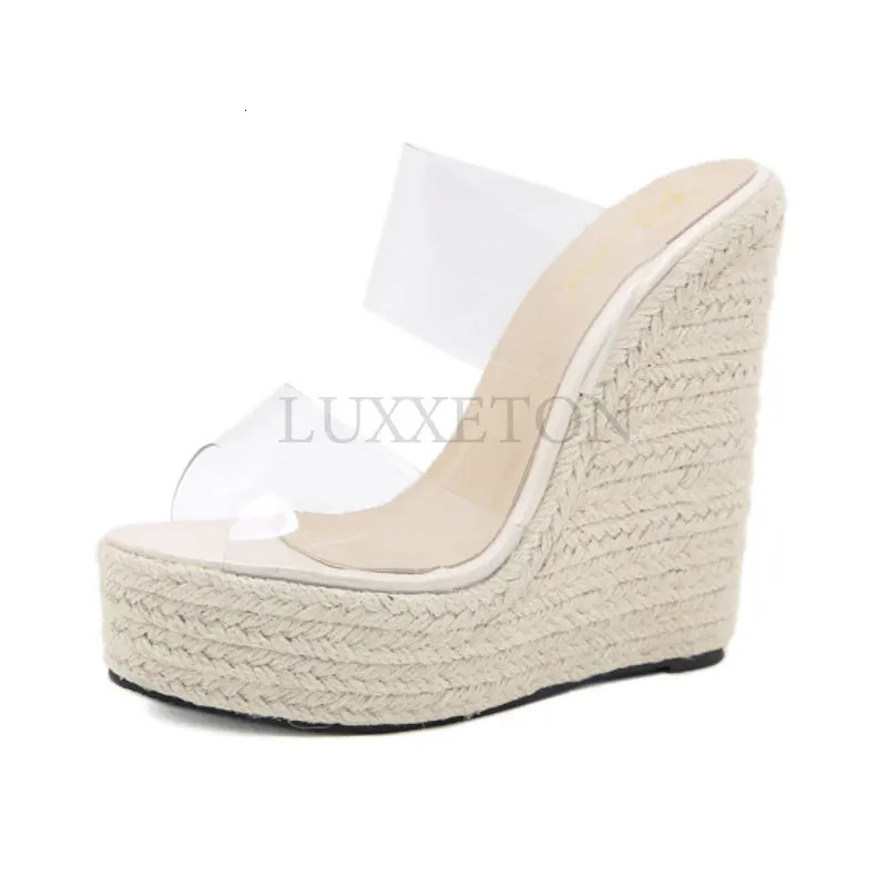 Summer PVC transparent diaper shoelace woven platform wedge slippers sandals womens fashionable high heels womens shoes 240612