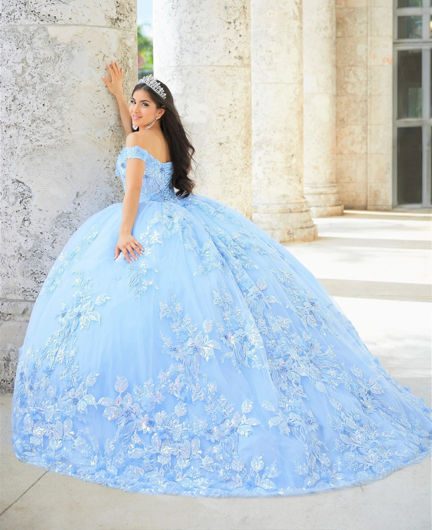 Sky Blue Mexican Quinceanera Dresses Ball Gown Off The Shoulder Tulle Lace Floral Puffy Charro Sweet 16 Dresses 15 Anos