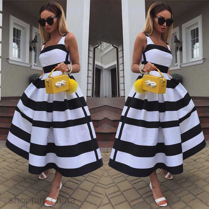 Casual Dresses Women Elegant Shoulder Long Party Dress Summer Striped Print Sleeveless Fashion Chic A-Line Suspender Beach 7654D
