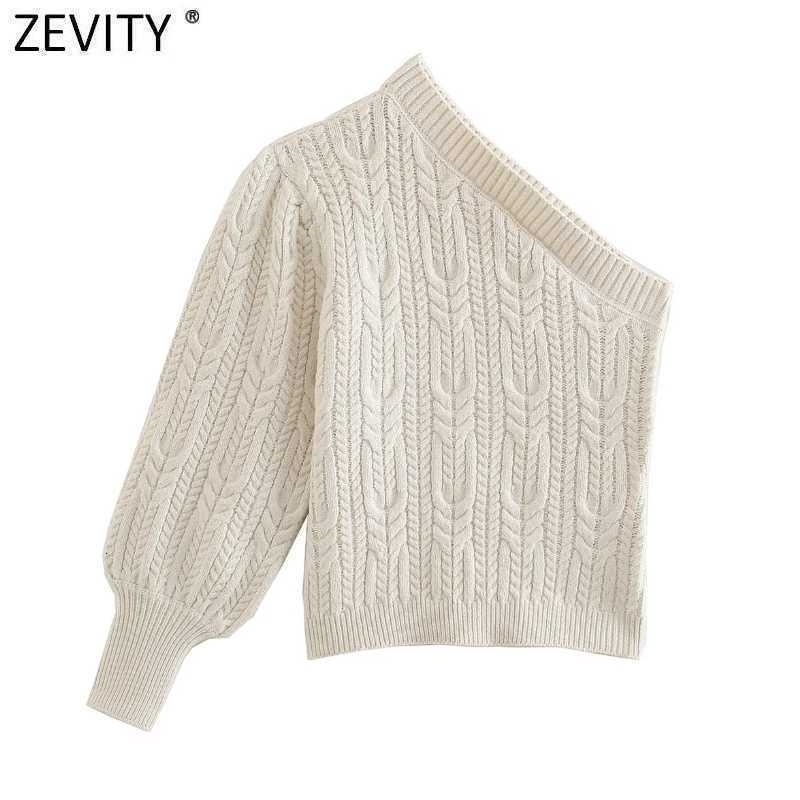 Zevity Women Sexy Asymmetry Single Shoulder Short Crochet Knitting Sweater Female Chic Lantern Sleeve Slim Pullovers Tops CT687 210603