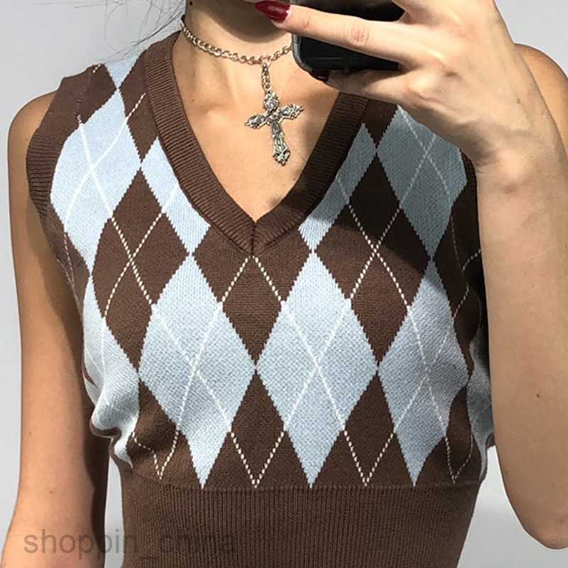 Women's T Shirt Autumn and winter New Wool Women's sexy check color contrast short sleeveless vest top tees