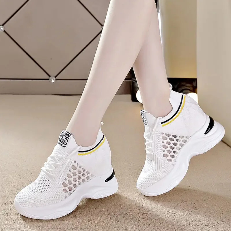 Womens Shoes Fashion White Sports Summer Leisure Breathable Hollow Platform Sports Shoes Comfortable High Heels 240614