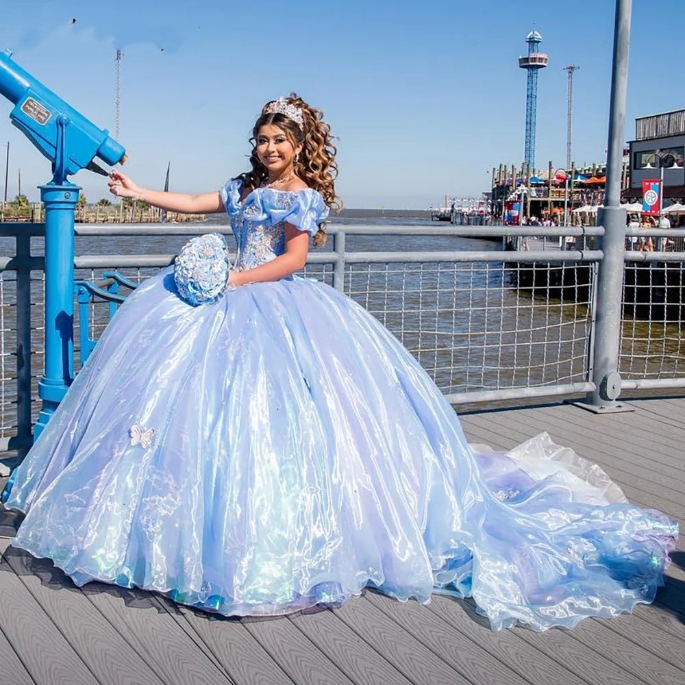 Light Blue Quinceanera Dress, Off-Shoulder Organza Ball Gown With Lace Corset And Appliques, 2024 Vestidos De 15 Anos