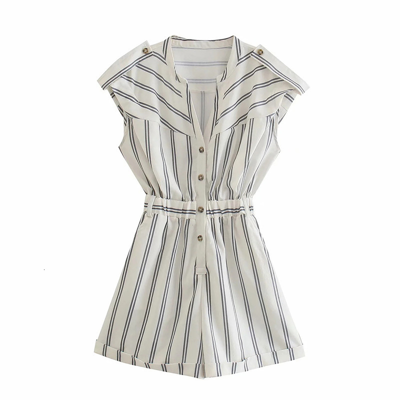 BBWM Summer Women Jumpsuits Fashion Short Sleeve Stripe V-Neck Female Casual Jumpsuits Chic Elastic Waist Women 210520