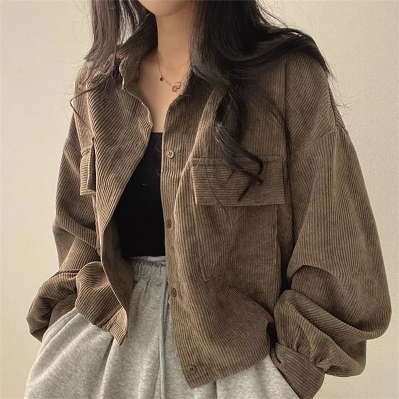 Womens Jackets Fashion Corduroy Jacket Womens autumn Korean simple single breasted long sleeve Lapel solid jacket high quality 220901