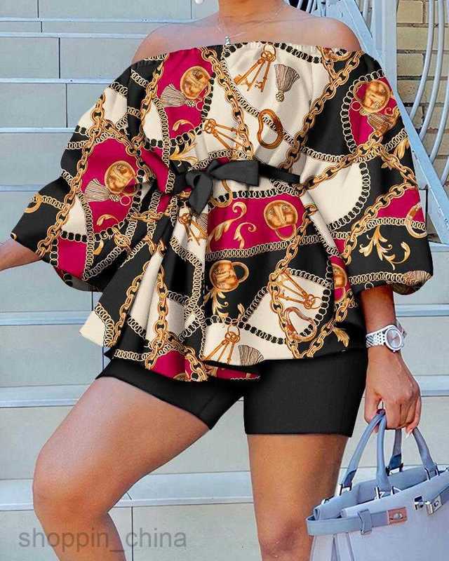 Women's Tracksuits fashion Summer New female Shoulder Shorts Belt Two Piece Set for women Sets