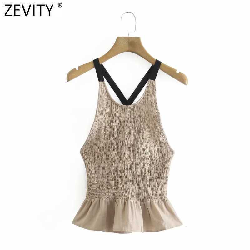 Zevity Women O Neck Elastic Short Smock Blouse French Female Sexy Backless Cross Lace Up Ruffles Shirt Chic Crop Tops LS9273 210603