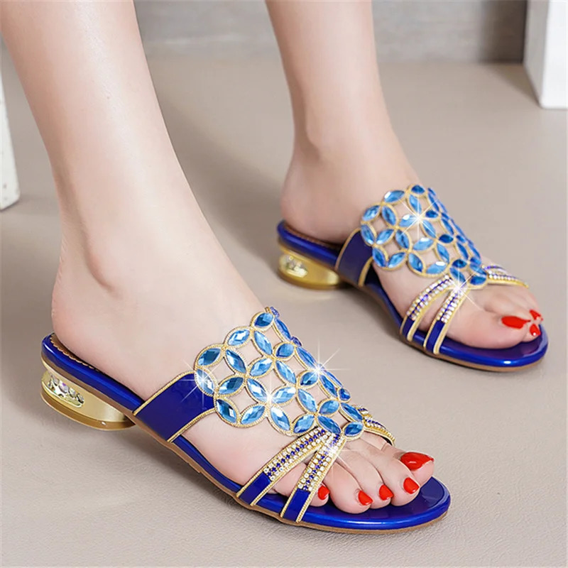 BEYARNE Womens Sandals Fashion Slippers Womens Sandals Leather Slippers Thick High Heels Diamond Large Size Womens Sandals 240612