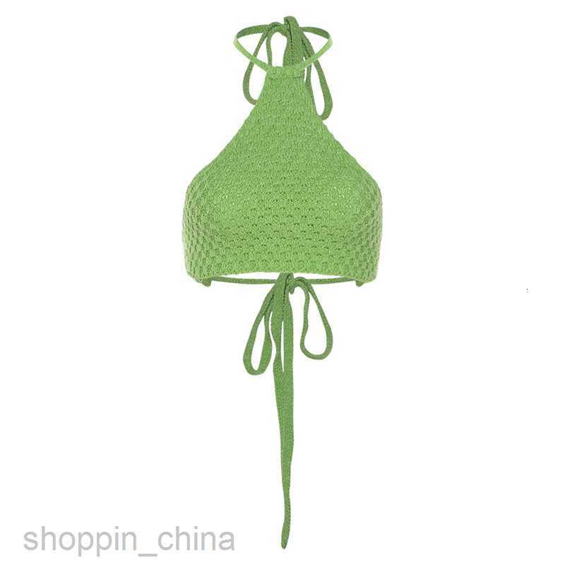 Women's T Shirt Sisjuly Fresh Grass Green Knitted Hollow Neck Hanging Strap Women's Versatile Open Navel Short Tank Top tees