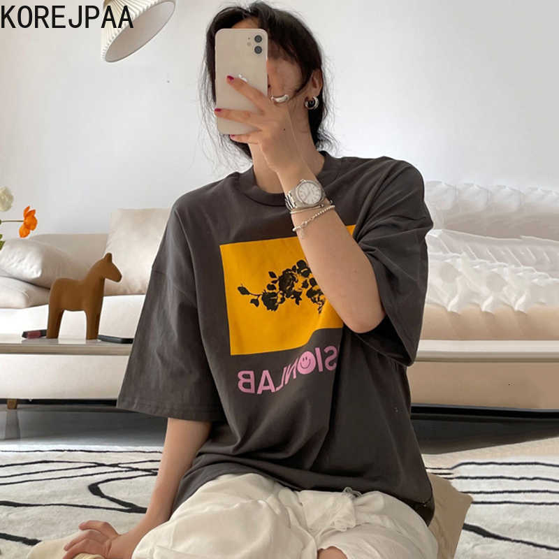 Korejpaa Women T-Shirt Summer Korean Chic Casual Round Neck Letter Flower Print Loose Versatile Short-Sleeved Pullovers 210526