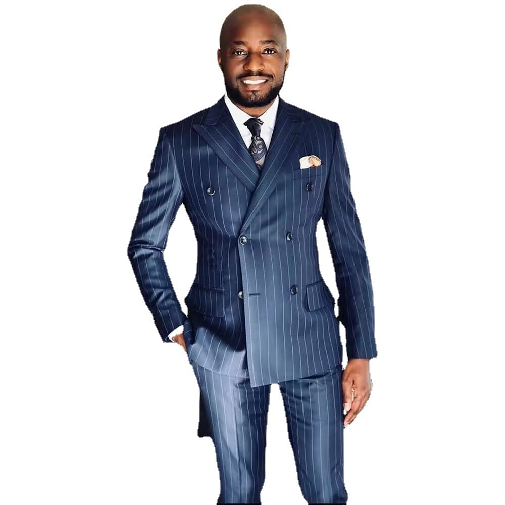 Men's Suits Blazers Chic Pinstripe Navy Blue Men Suits 2 Piece Set High Quality Formal Double Breasted Lapel Suit Slim Fit Smart Casual Tuxedo 23