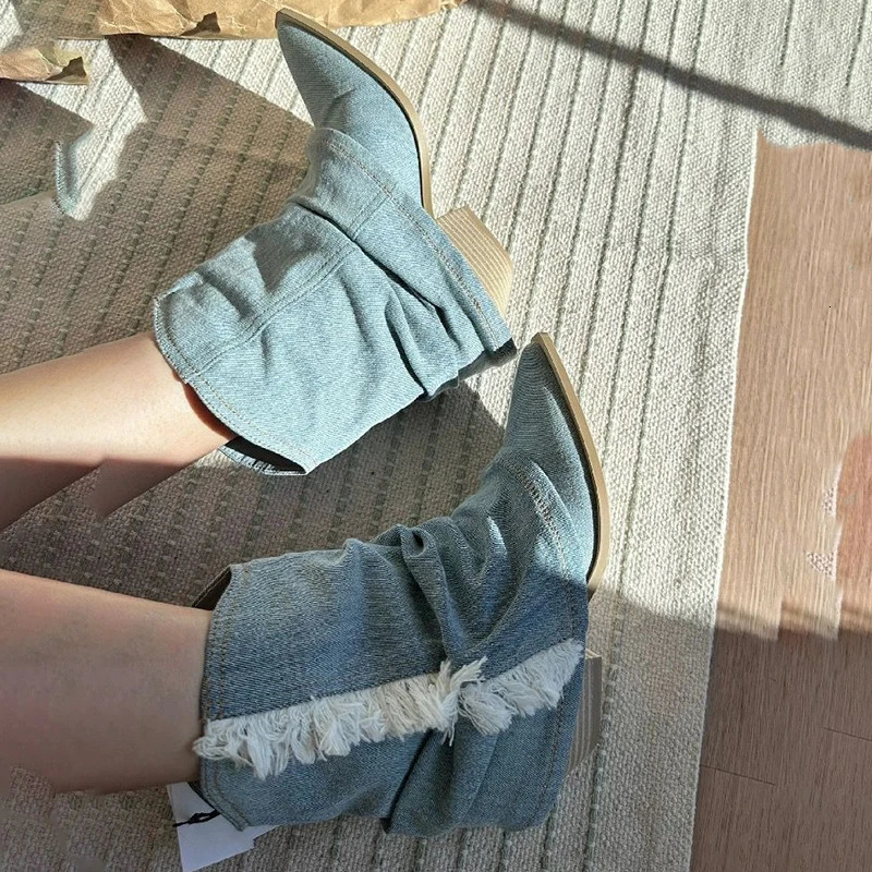 Wrinkled blue denim thick high heels for womens high heels spring 2024 thick toe denim boots for womens long boots 240612