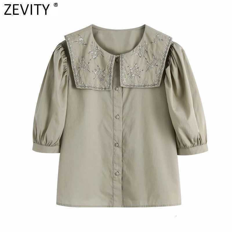 Zevity Women Vintage Turn Down Collar Floral Embroidery Smock Blouse Female Pleat Puff Sleeve Shirt Chic Blusas Tops LS9362 210603