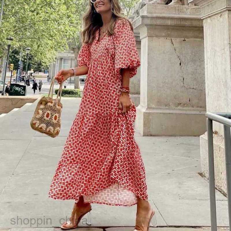 4XL 5XL Plus Size Autumn Spring vestidos Geometric Print Bubble Sleeve Maxi Dress Long Sleeves Street Blast Large Ruffles Women's Clothes 7654D