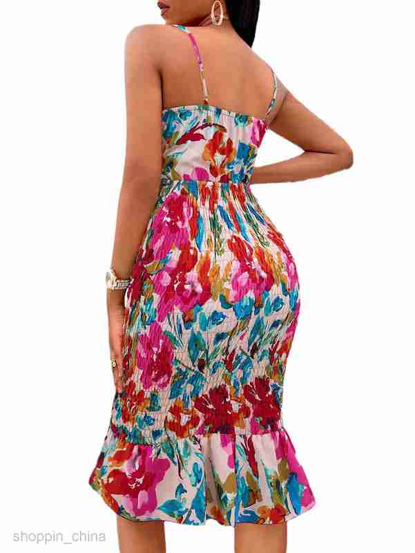 Two Piece Dress Sets Leisure Summer Fashion Women's New Printed Wrapped Hip Brace Hollow Hanging Strap Dress