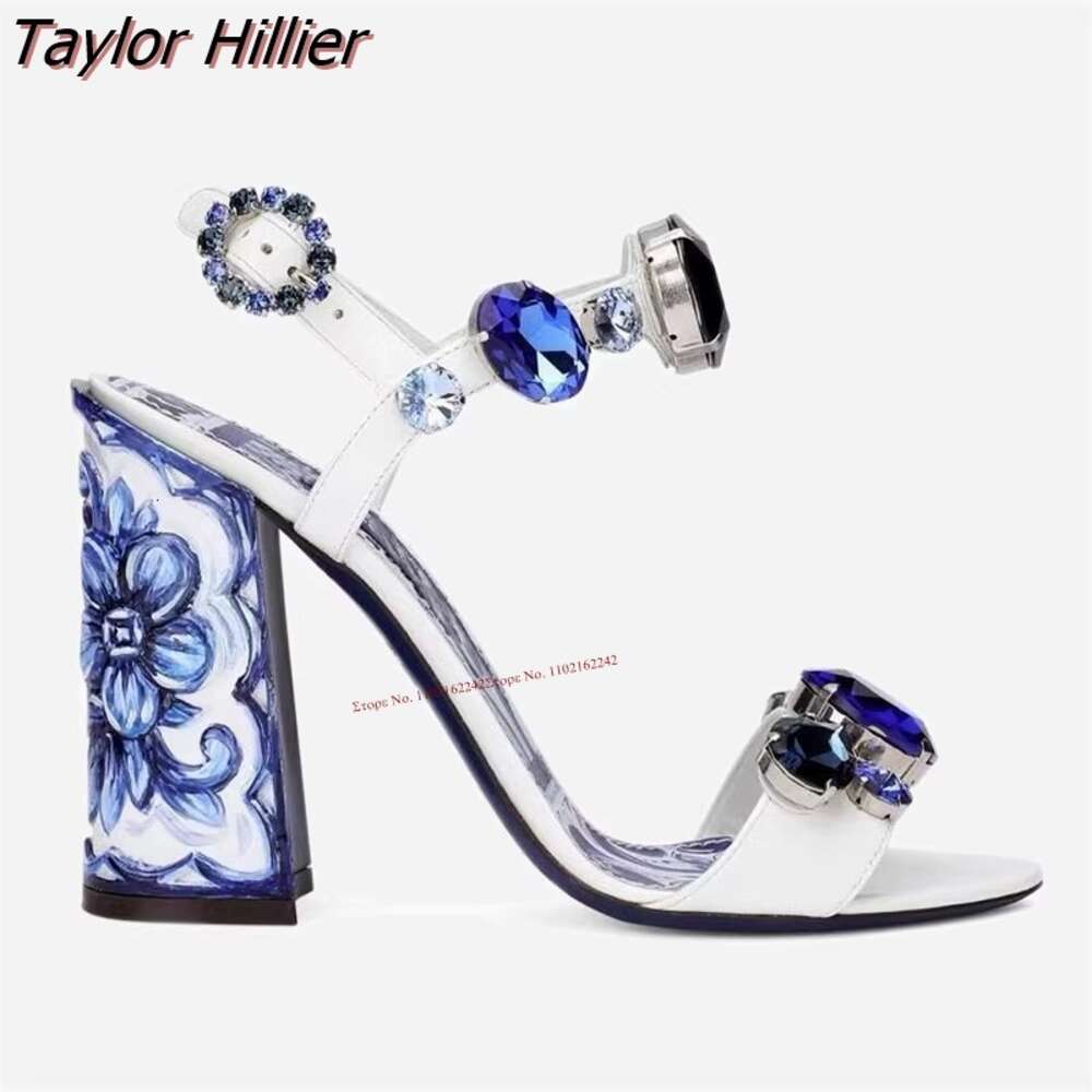 heels sandals Summer New designer shoes Bohemia Rhinestone Thick Heel Sandals Fashion Open Toe Print Gemstone Buckle Strap Dress High Heels Ladies 6Cm