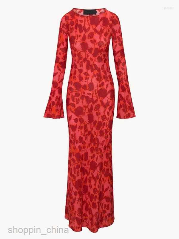Casual Dresses Fall Long Sleeve Maxi Dress For Women Fashion Bodycon Slim Chiffon Red Print Party Elegant Vestidos 7654D
