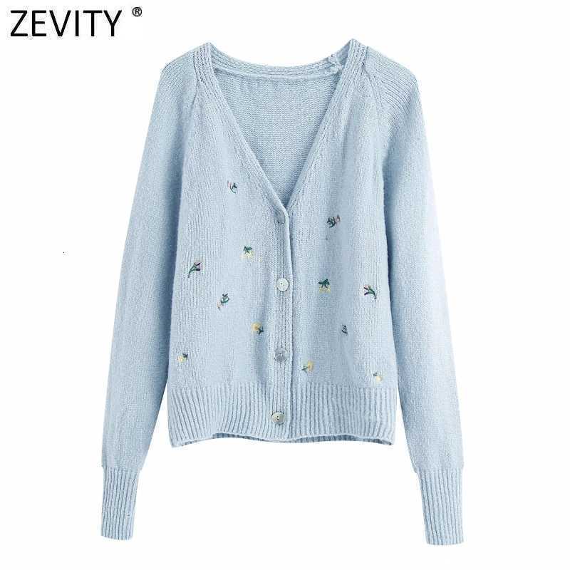 Zevity women fashion flower embroidery cardigan knitted sweater female v neck long sleeve breasted outwear chic tops S341 210603