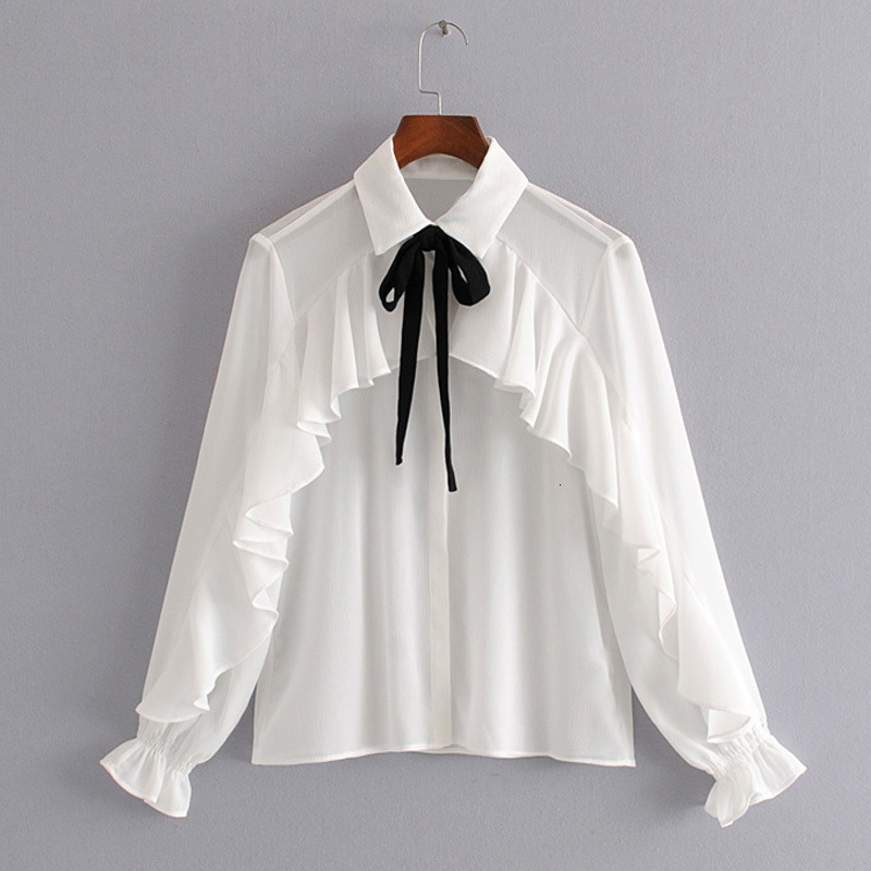 Stylish Ruffles Bow Tie Blouses Women Fashion Turn Down Collar Tops Elegant Ladies Long Sleeve Shirts Blusas Mujer 210520
