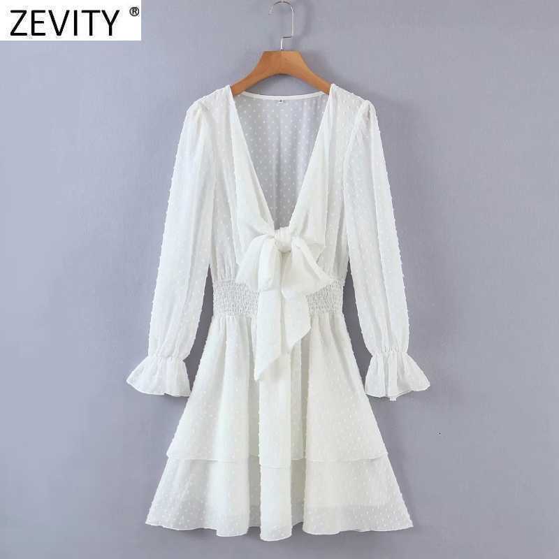 Zevity Women Sexy V Neck Knotted Dots Stitching Chiffon Dress Female Chic Puff Sleeve Elastic Waist Slim Ruffles Vestidos DS8347 210603