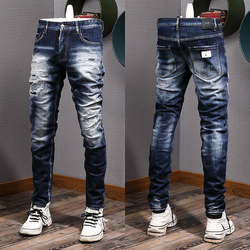 Destroyed Jeans Damage Hole Wash Pencil Leg Slim Denim Cotton Men's Nice Quality