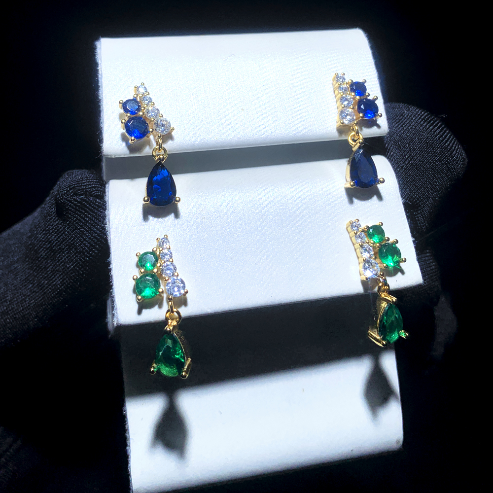 2024 Blue Green Pear CZ Sterg Sier Drop Earrings | Wedding Jewelry