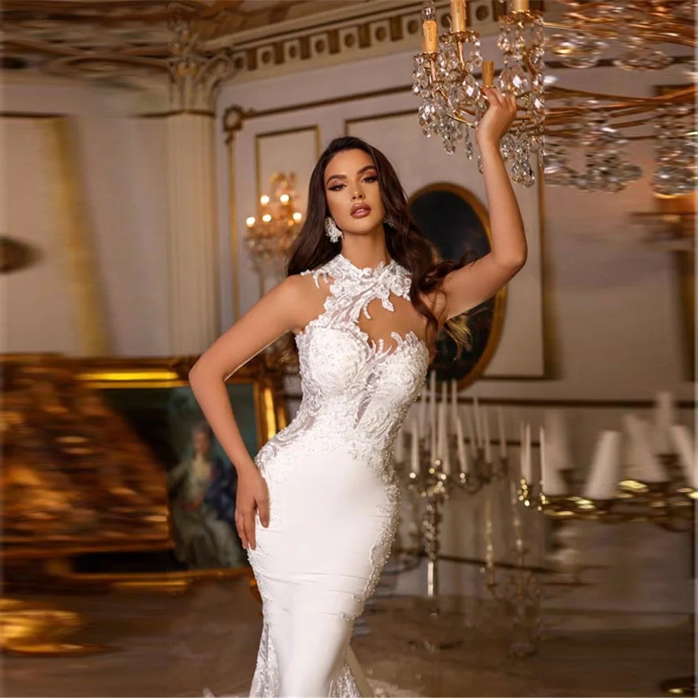 Vintage Mermaid Wedding Dresses For Women Jewel Neck Sleeveless Backless Bridal Gown Appliques Sweep Train Dress Custom Made vestidos de novia