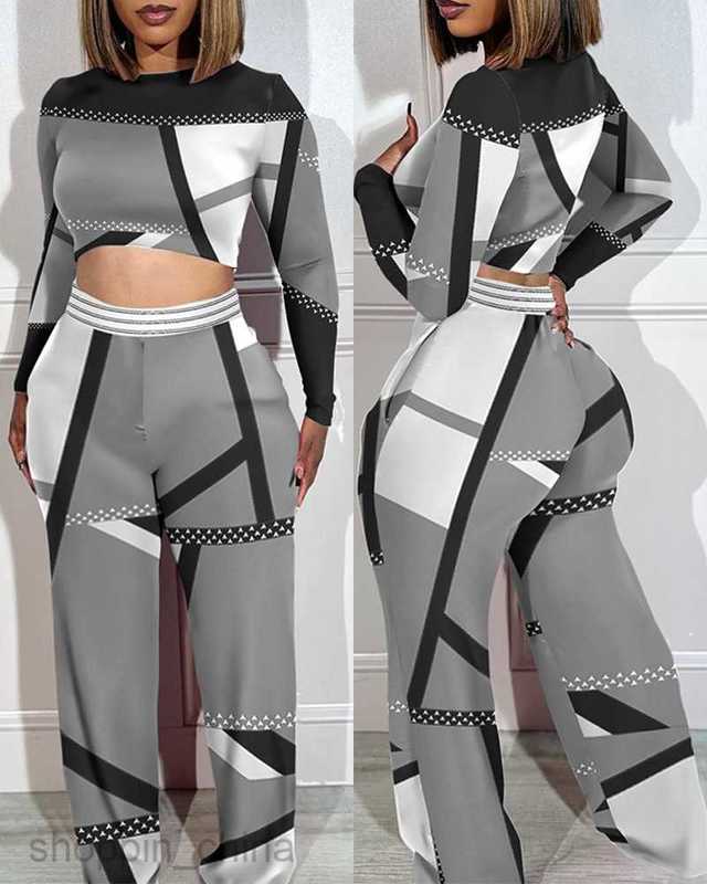 Women's Tracksuits Autumn/Winter New Large Women's Long sleeved Two piece Set Open Navel Printing Set for Women Sets