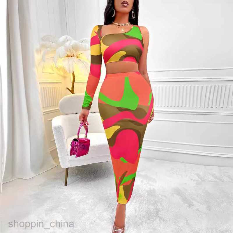 Two Piece Dress Sets New Autumn/Winter Women's Sexy Printed Asymmetric One Shoulder Set Skirt for Women