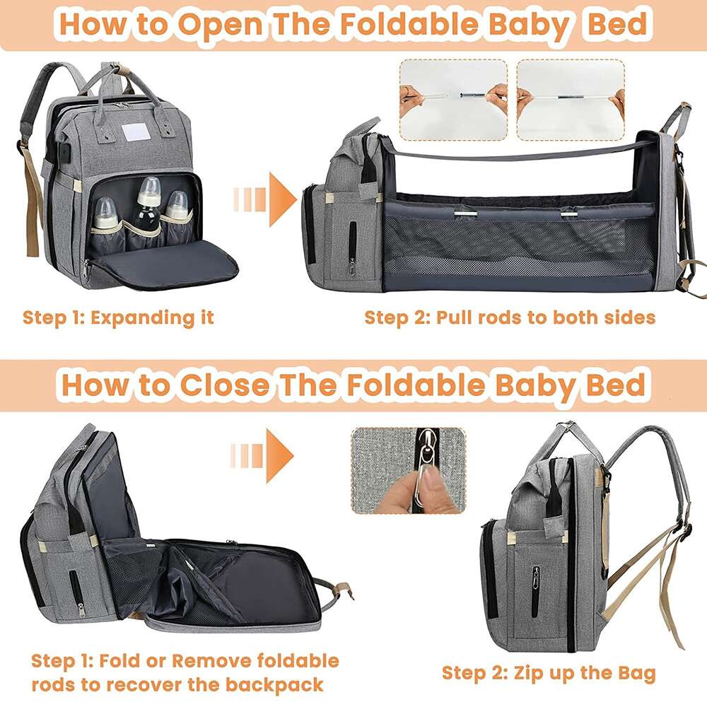 Mommy Fashionable Folding Baby Bed Mother Large Capacity Portable Milk Bottle Diaper Double Shoulder Mom's Bag H6.14#55 ddmythur