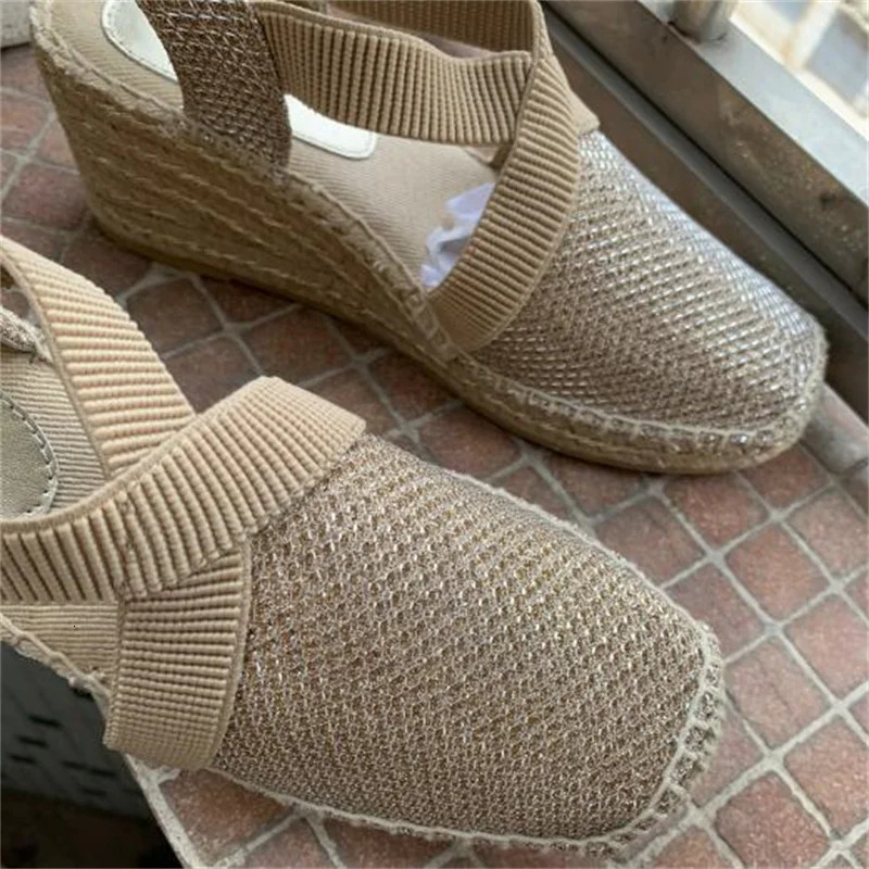 2024 Summer Womens Wedge Fisherman Shoes Retro Womens Straw Thick Platform Sandals Womens Gold Pink QM8-23 240612