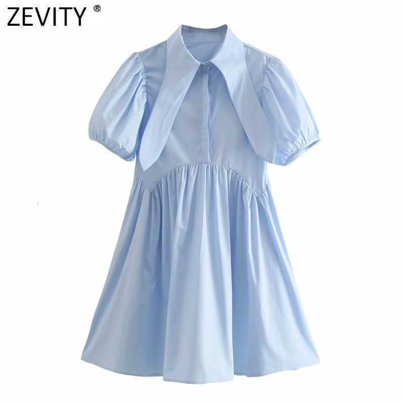 Zevity Women Sweet Solid Color Pleats Poplin Mini Dress Chic Lantern Sleeve Casual Vestidos Female Leisure A Line Dresses DS8296 210603
