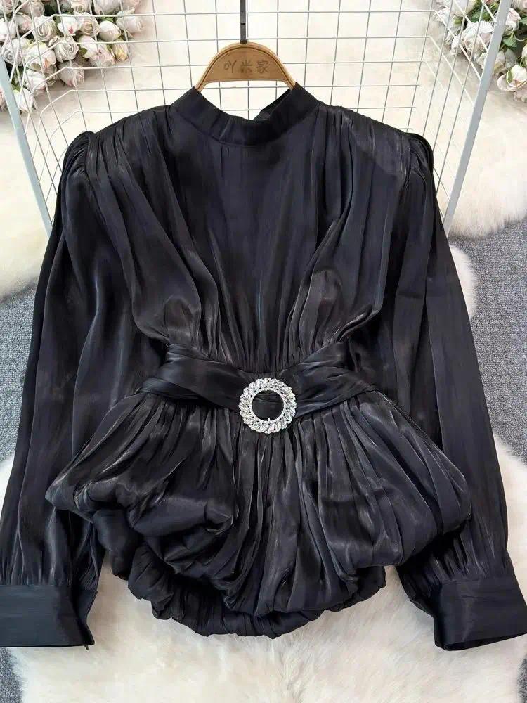 Women's Organza Blouses, French Chic Solid Color, Lace-Up Dias Belt Shirt