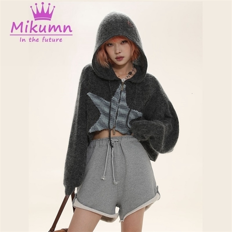 Gothic Sweater Cardigan Women Harajuku Vintage Star Zip Long Sleeve Hooded Short Jacket Spring Autumn Loose Knitwear Top Coat 220817
