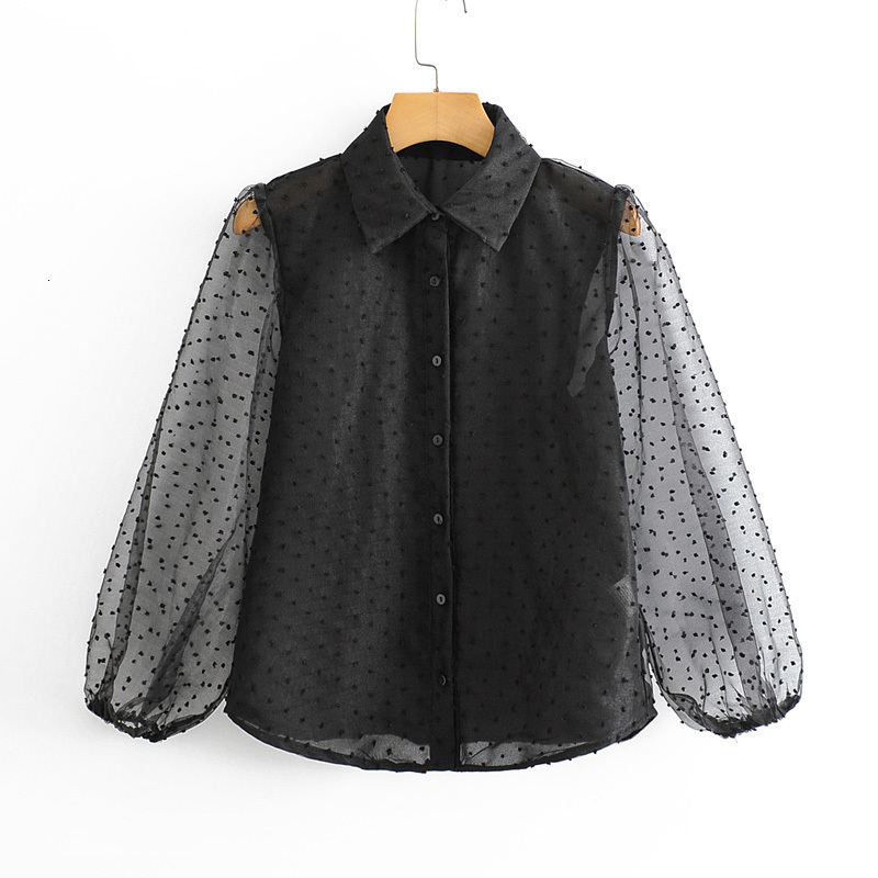 Vintage Transparent Jacquard Blouses Women Fashion Turn Down Collar Shirts Elegant Ladies Lantern Sleeve Tops 210520