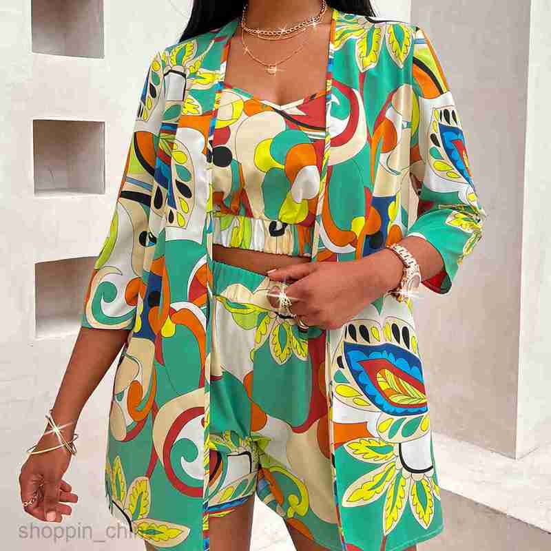 Women's Tracksuits Sexy style new women's clothing summer fashion print waist collection versatile top three piece set Sets