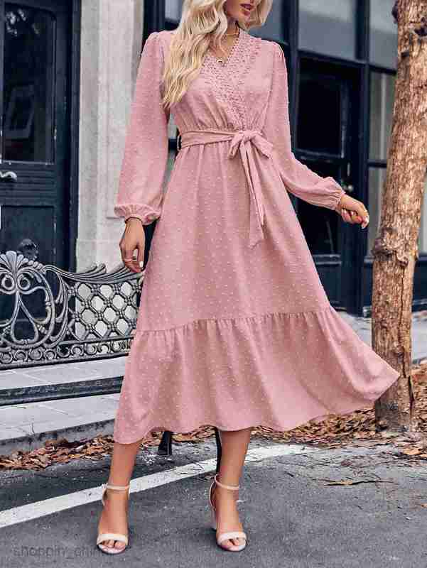 Basic Casual Women Dresses Autumn/Winter Women's New Fashion Solid Color V-neck Lace Waist Tie Dress