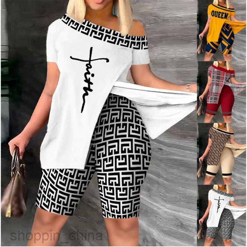 Women's Tracksuits Spring/Summer New Women's Slanted Neck Short Sleeve Split Top Shorts Set Sets