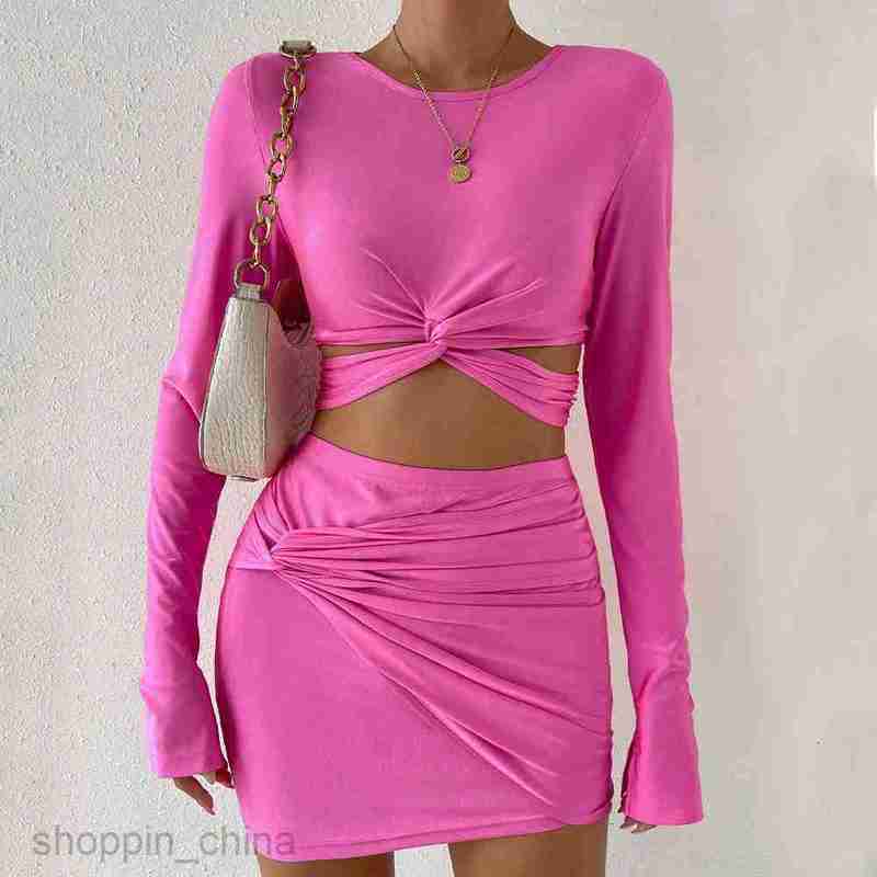 Two Piece Dress Sets Women's clothing autumn/winter new short long sleeved t-shirt elastic waist bag hip short skirt two-piece set