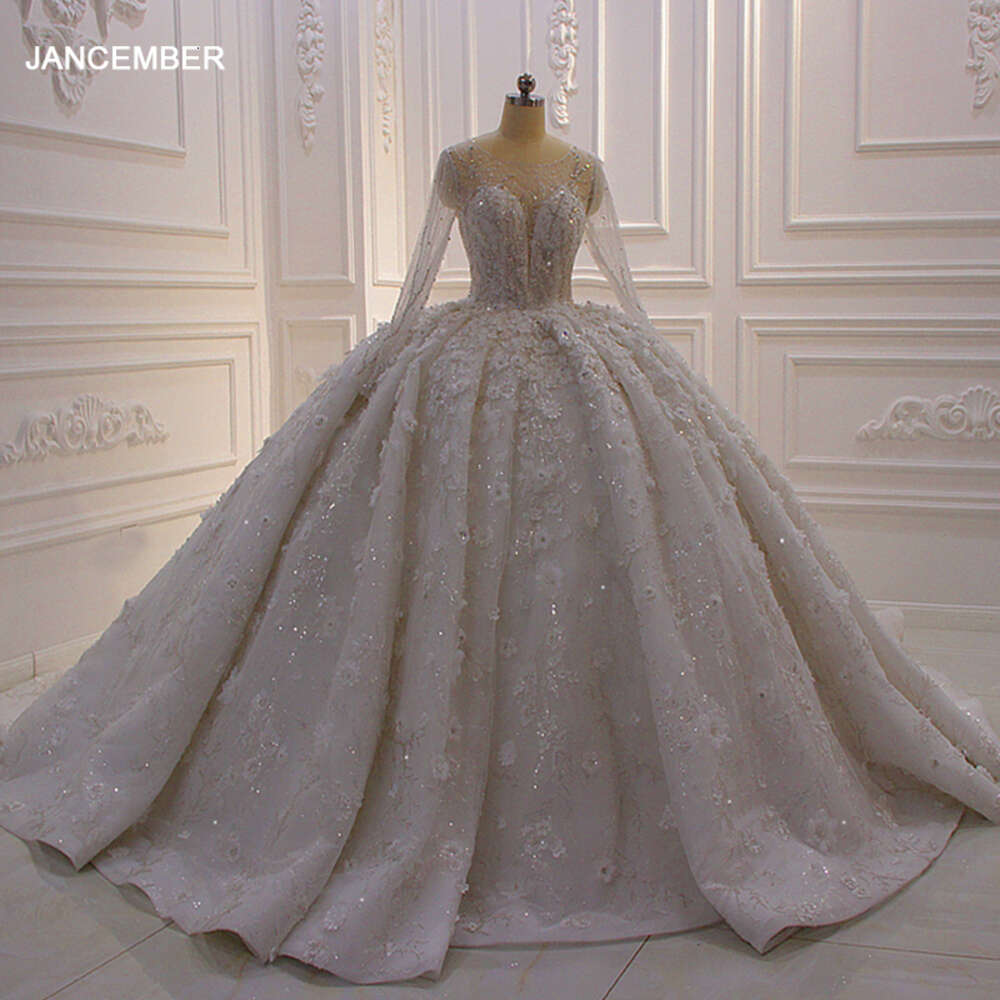 AM552 White Ball Gown Dress Shiny Lace Flowers O-Neck Full Sleeves Wedding Gowns With Long Train As Photos