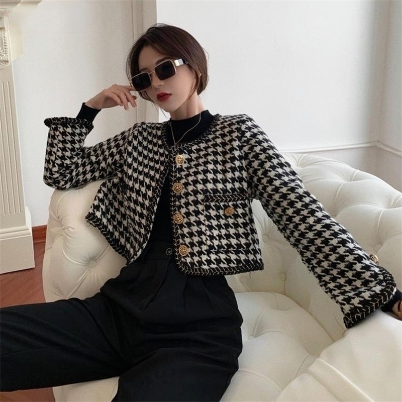 Womens Jackets Autumn Houndstooth Short Jackets Women Long Sleeve Elegant Patchwork Buttons Vintage Oneck Office Lady Fashion Coat Female 220906