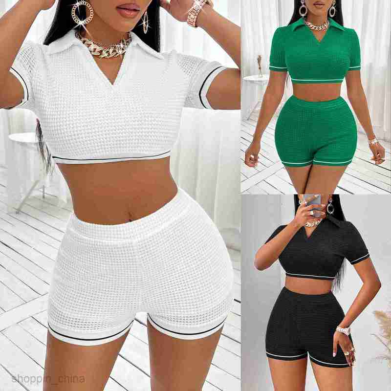 Women's Tracksuits Trendy women's summer lapel splicing ribbed short women's casual set Sets